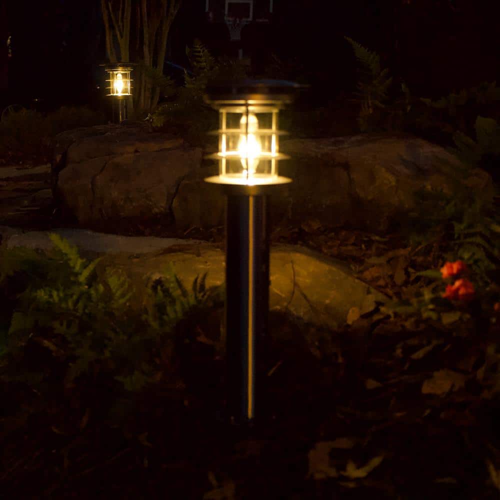 Stainless Steel Silver LED Solar Pathway Bollard Lights, Set of 2