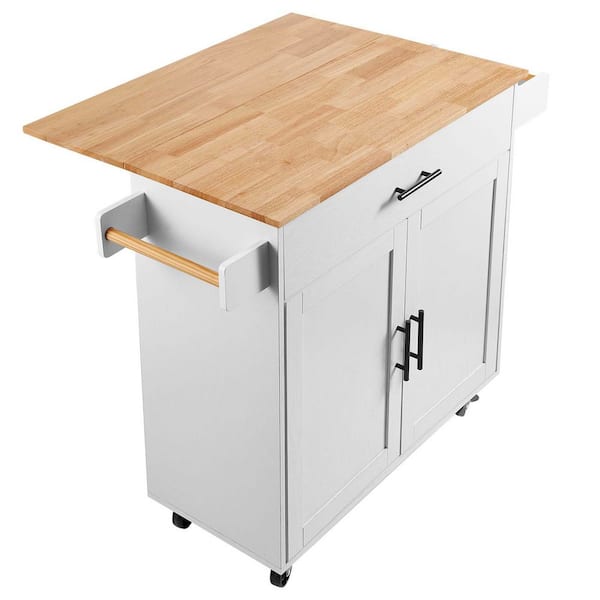SKYSHALO Kitchen Cart with Solid Natural Wood Top, 35.4 in. W Mobile Carts with Storage Cabinet, Rolling Kitchen Table, White