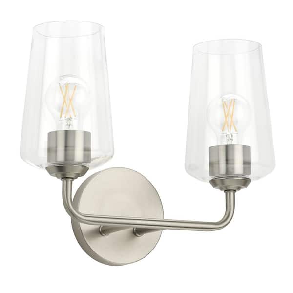 Celino 14 in. 2-Light Brushed Nickel Bathroom Vanity Light with Clear Glass Shade