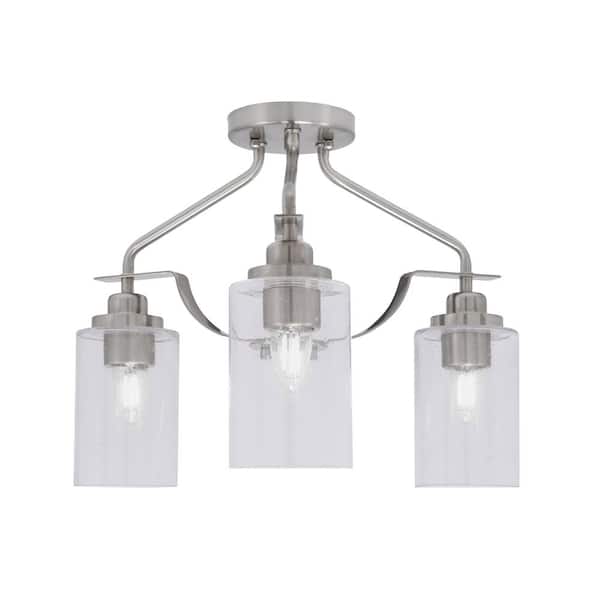 Unbranded Zara 14.5 in. 3-Light Brushed Nickel Semi-Flush with 4 in. Clear Bubble Glass Shades No Bulbs Included