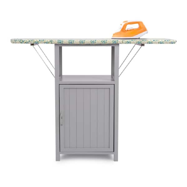 Fold-Out Ironing Board Cabinet with Solid Wood Frame, Storage Space and Heat-Resistant Cotton Cover, Gray