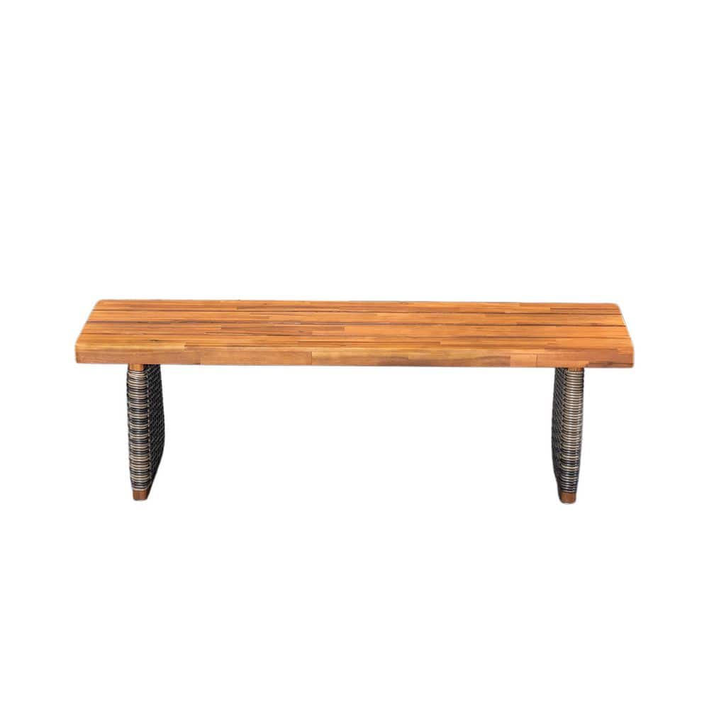 Outdoor Bench 57 in. Grey Teak Acacia Wood with Handwoven Rattan Legs for Patio Dining Storage Stool