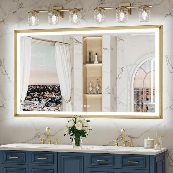 60 in. W x 36 in. H Rectangular Framed LED Lighted Bathroom Vanity Mirror with Light in Gold with Backlit and Anti-Fog