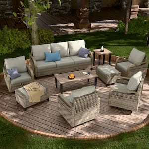 9-Piece Brown Wicker Outdoor Patio Conversation Sofa Set with Swivel Chairs, Gray Cushions, Ottomans and Side Table