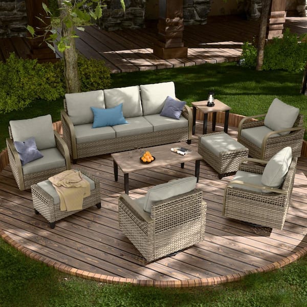 COOS BAY 9-Piece Brown Wicker Outdoor Patio Conversation Sofa Set with Swivel Chairs, Gray Cushions, Ottomans and Side Table