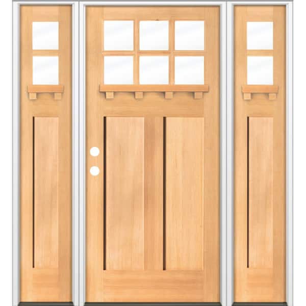 Krosswood Doors 64 in. x 80 in. Craftsman 6-Lite Clear Glass Right Hand Clear Stain Hemlock Wood Prehung Front Door w/ DSL and DS