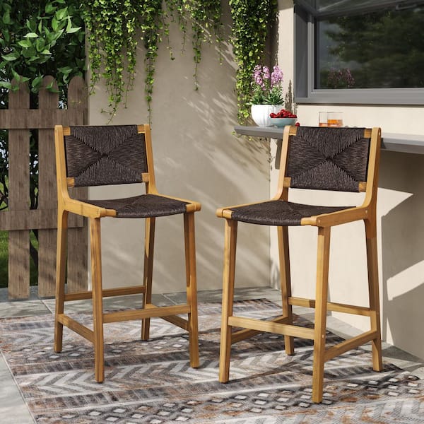 CHRISTOPHER KNIGHT HOME Andre 28 in. PE Wicker and Solid Wood Patio Outdoor Bar Stool, Teak + Dark Brown, Set of 2