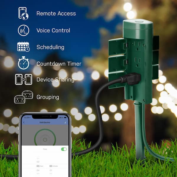 6 ft. Cord 15-Amp 6-Outlet Alexa / Google Assistant Compatible Smart Wi-Fi Outdoor Power Yard Stake, Green (3-Pack)