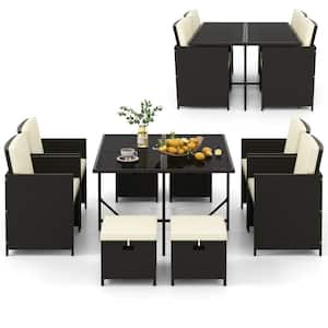 9-Piece Metal Wood Rectangle 30 in. Outdoor Dining Set with Cushions White
