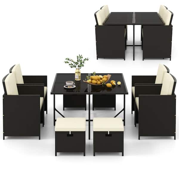 Costway 9-Piece Metal Wood Rectangle 30 in. Outdoor Dining Set with Cushions White