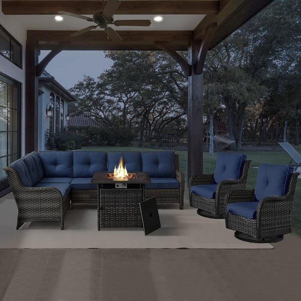 Gray 4-Piece Wicker Patio Fire Pit Set, Outdoor Sectional Seating Set with Olefin Navy Blue Cushions and Swivel Rockers