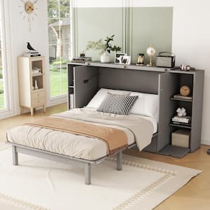 Gray Wood Frame Full Size Murphy Bed with USB Charging Station, Drawers, Storage Shelves