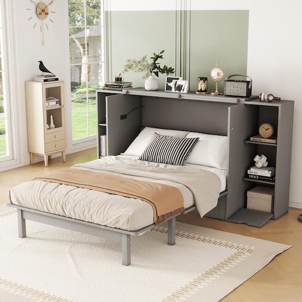 Harper & Bright Designs Gray Wood Frame Full Size Murphy Bed with USB Charging Station, Drawers, Storage Shelves