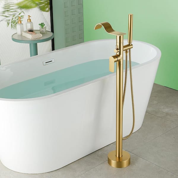 Ami Single-Handle Freestanding Tub Faucet with Hand Shower in Brushed Gold