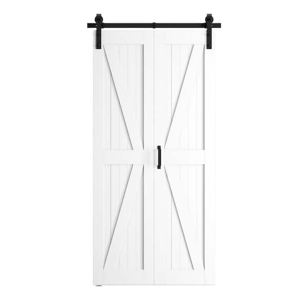 24 in. x 84 in. 2-Plank PVC Finished White K-shaped MDF Bi-Fold Sliding Barn Door with Hardware Kit, J-Shape Hardware