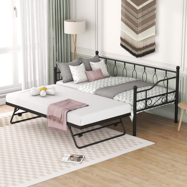 Harper & Bright Designs Black Twin Size Metal Daybed With Twin Size Adjustable Portable Folding ...