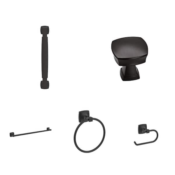 Stature Matte Black Hardware Set: 5-1/16 in. Pull, 1-1/4 in. Knob (10-Pack), 24 in. Towel Bar, Towel Ring and TP Holder