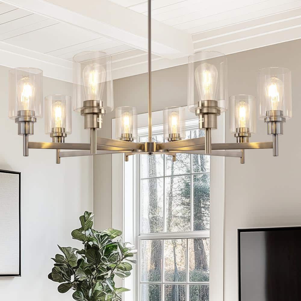 8-Light Brushed Nickel Industrial Chandelier with Clear Glass Cylinder Shades for Dining Room and Living Room price history on PriceWatchPro