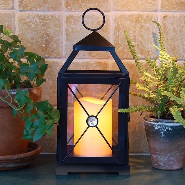 Metal Lantern with Battery-Operated Candle - Black Gem