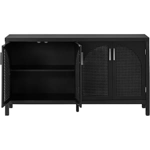 2-Shelf Black Wood Pantry Organizer with Artificial Rattan Door and Metal Handles for Kitchen and Living Room