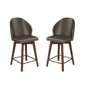 Lothar Mid-Century Modern Leather Swivel Stool Set of 2 with Solid Wood Legs-Grey