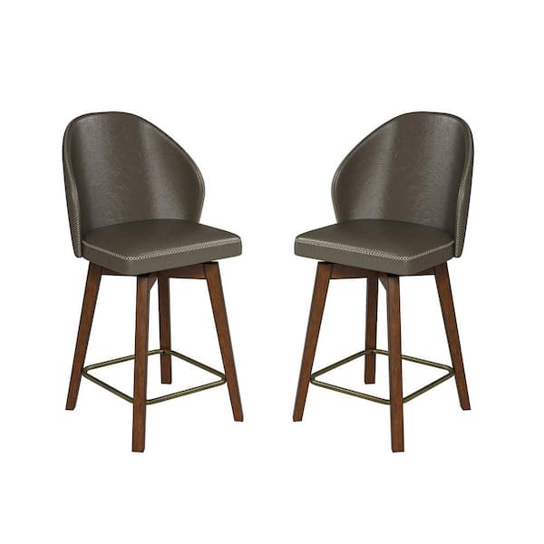 JAYDEN CREATION Lothar Mid-Century Modern Leather Swivel Stool Set of 2 with Solid Wood Legs-Grey
