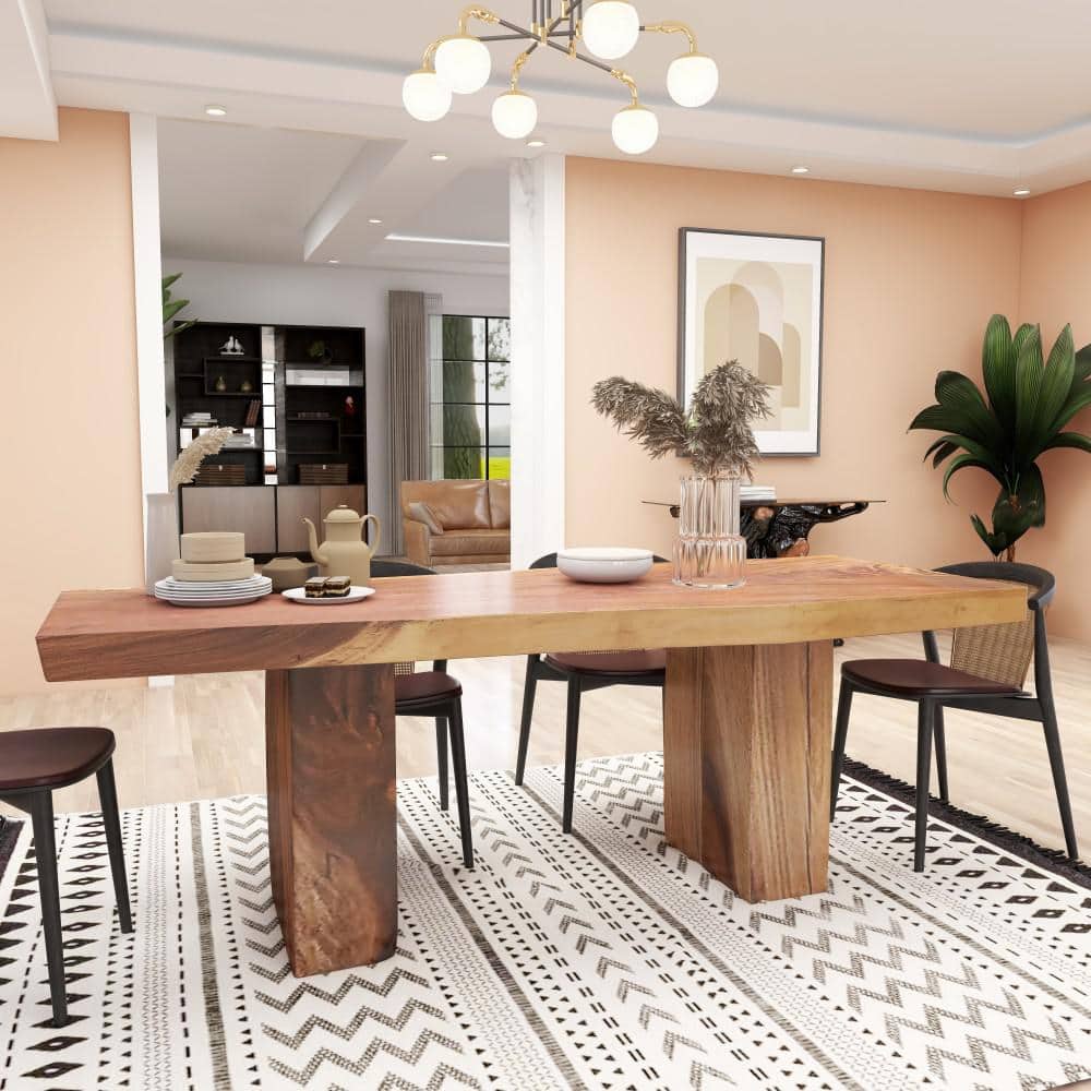 Light Brown Reclaimed Wood Live Edge Dining Table with Block Base