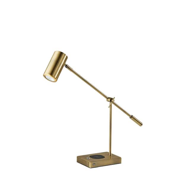 HomeRoots 22.25 in. Brass Mid-Century Integrated LED Architect Table Lamp with Brass Metal Shade and USB Port