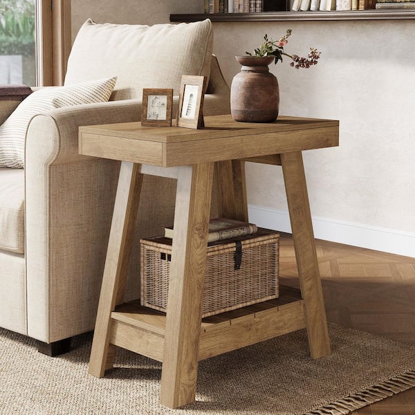 Kerlin 23.6 in. Light Brown Rectangle Wood 2-Tier End Table Side Table for Living Room, Bedroom