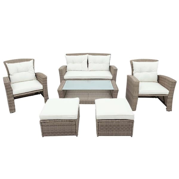 Tunearary 4-Pieces All Weather Wicker Outdoor Conversation Furniture Sectional Sofa Set with Ottoman and Beige Cushions