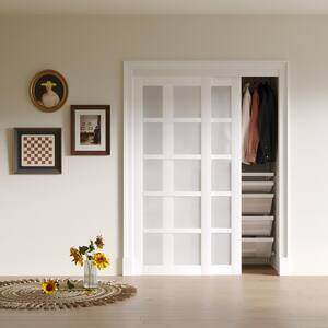 72 in. x 80 in. 5 Lites Frosted Glass White MDF Closet Sliding Door with Hardware Kit