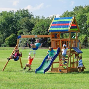 Beach Front Outdoor Playground Set w/ Monkey Bars, Wave Slide, Swing Set, Rockwall, and PlaySet Accessories