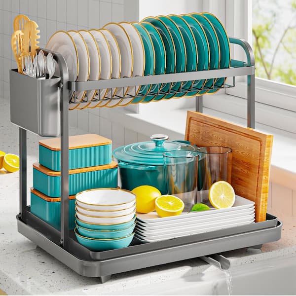 2-Tier Dish Drying Rack, Gray Stainless Steel Dish Rack with Cutlery and Utensil Holders for Kitchen Counter