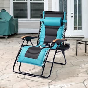 Patio Folding Metal Frame Zero Gravity Outdoor Lounge Chair with Lake Blue Padded Cushion And Side Tray