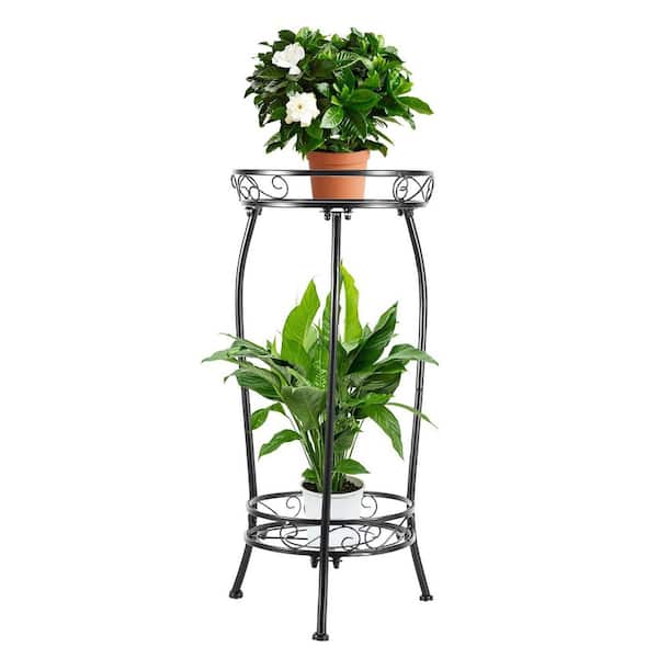 Indoor Outdoor 2-Tier Black Iron Plant Stand Potted Rack Flower Pot Stand (12.4 in. H W x 27.16 in. H)