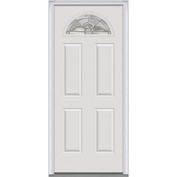 Milliken Millwork 30 in. x 80 in. Master Nouveau Left Hand Fan Lite Decorative Classic Primed Steel Prehung Front Door with Brickmould