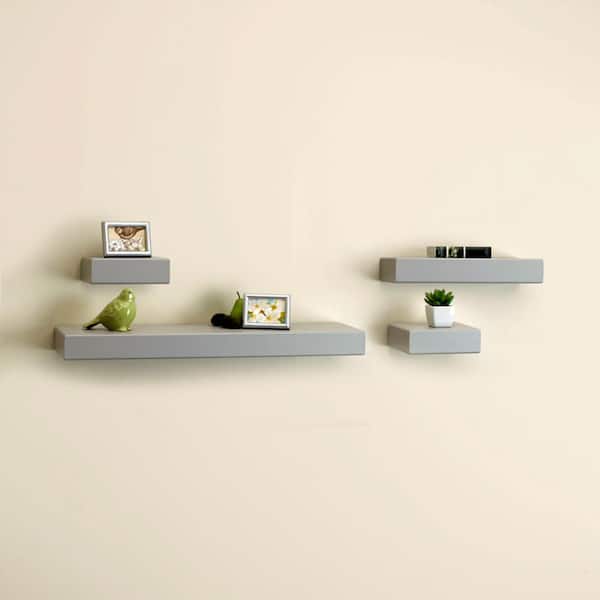 Melannco 4 Piece Distressed Light Gray, Cherry Wood Floating Wall Shelves