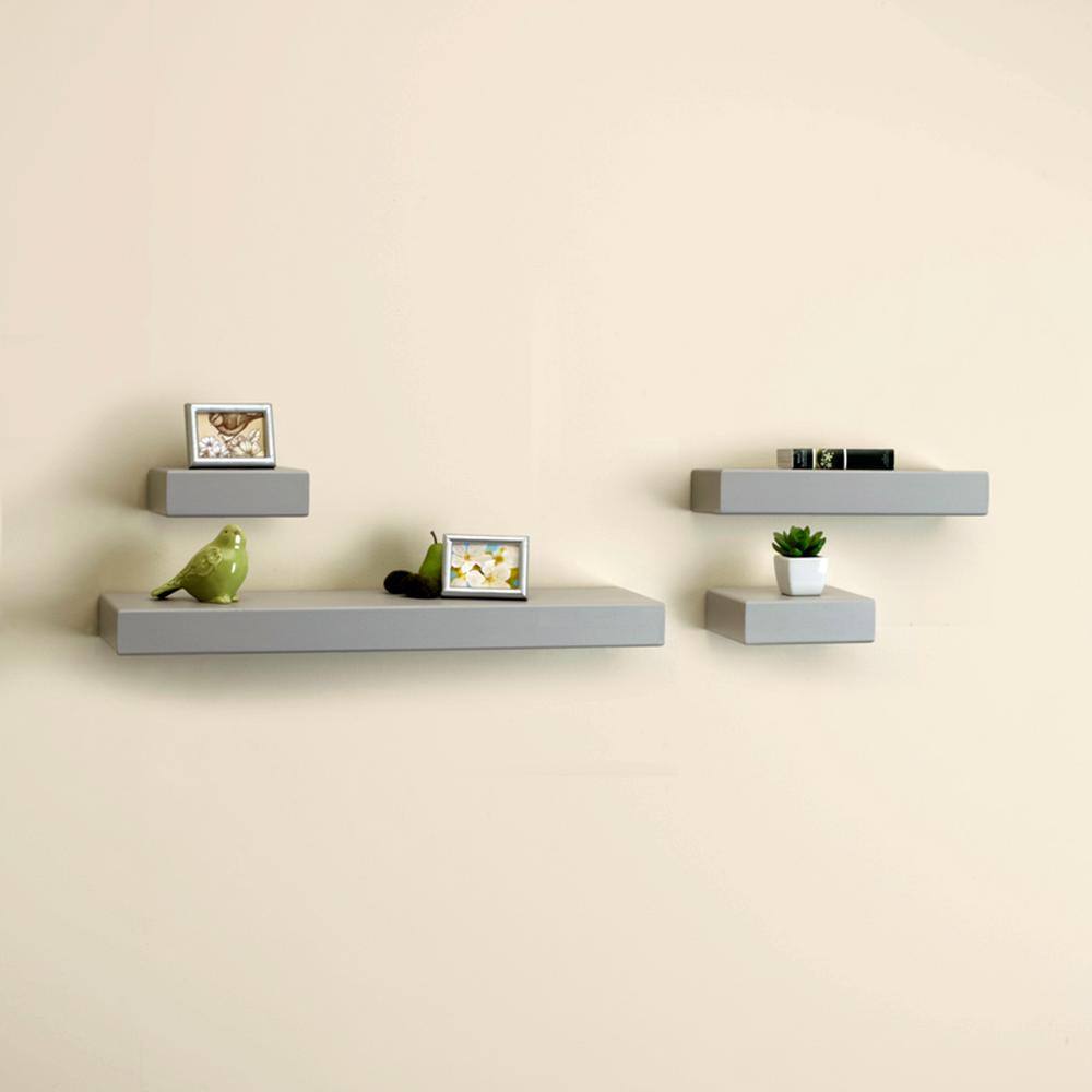 Light Gray Chunky Wood Floating Wall Shelf Set of 4