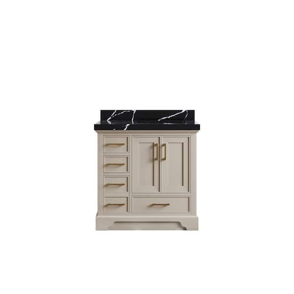 Willow Collections Charlotte 36 in. Right Offset Sink Freestanding Fine Grain Bath Vanity with Calacatta Black Qt. Top Unassembled