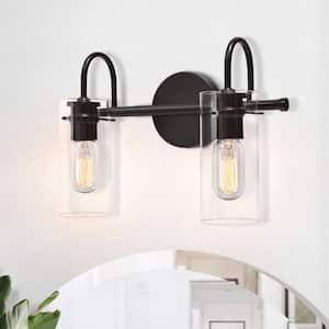 Paquette 14 in. 2-Light Black Modern Vanity Light Fixture with Clear Glass Shades