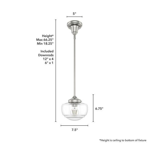 Hunter - Saddle Creek 1-Light Brushed Nickel Schoolhouse Mini Pendant Light with Clear Seeded Glass Shade