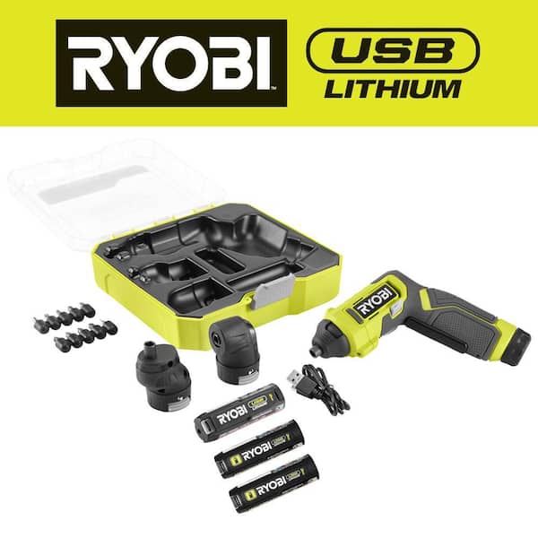 RYOBI USB Lithium Multi-Head Screwdriver with 2.0 Ah Battery and Charging Cable with USB Lithium 3.0 Ah Battery (2-Pack)