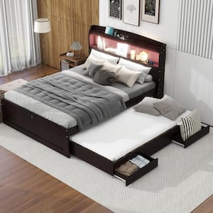 Dark Brown Wood Frame Full XL Platform Bed with Twin Size Trundle, 2 Drawers, USB Charging, LED Headboard with Shelves