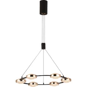 6-Light Black and Gold Modern Wagon Wheel Integrated LED Pendant Light with Round Acrylic Shades
