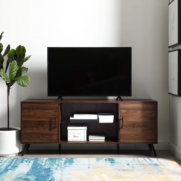 60 in. Mid-Century Modern Dark Walnut Wood TV Stand with Glass Shelf (Max TV Size 68 in.)