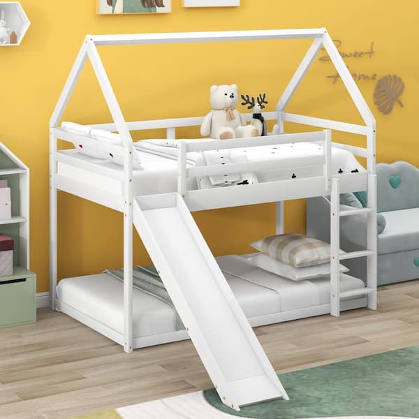 Qualler White Twin Over Twin House Style Bunk Bed with Slide BWM281325K ...