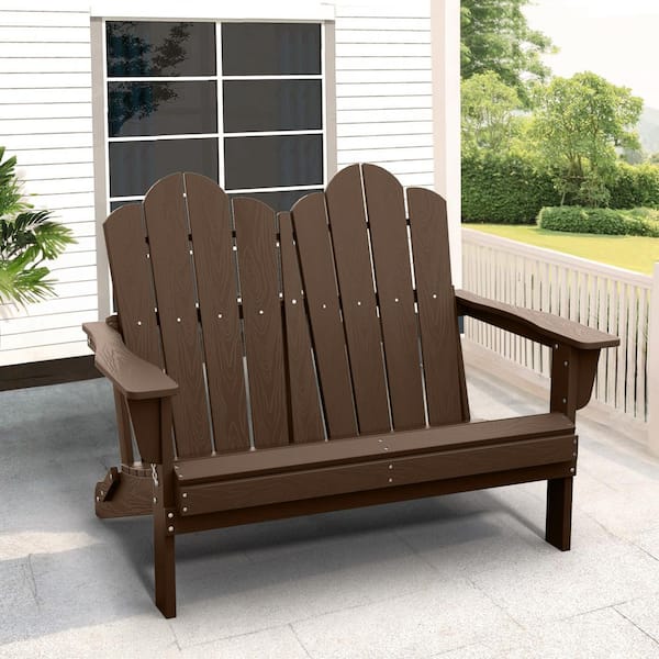 Classic Brown Plastic Adirondack Chair 2-Person Outdoor Loveseat with Foldable Design