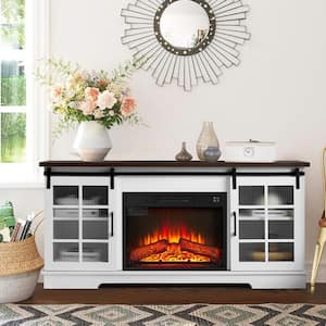 59 in. Freestanding Electric Fireplace TV Stand with 2 Sliding Fluted Glass Doors in White