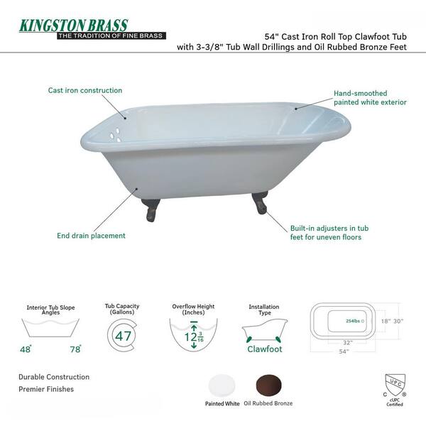 Tazatina VCT7D5431B5 54-Inch Cast Iron Single Slipper Clawfoot Tub with  7-Inch Faucet Drillings, White/Oil Rubbed Bronze