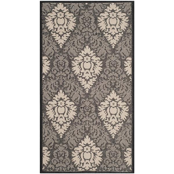 Courtyard Black/Sand Doormat 2 ft. x 4 ft. Floral Indoor/Outdoor Patio Area Rug
